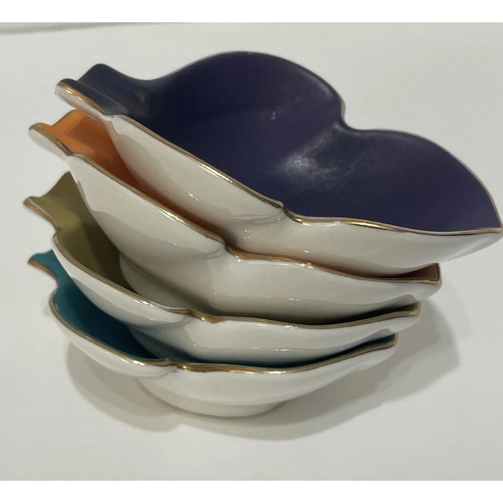 4 Gold Trimmed Coloured Leaf Shaped Ceramic Bowls Trinket‎ Condiments Japan